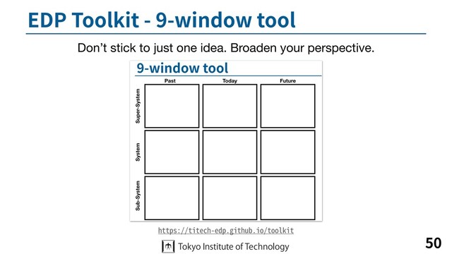 EDP Toolkit - 9-window tool
50
https://titech-edp.github.io/toolkit
Don’t stick to just one idea. Broaden your perspective.

