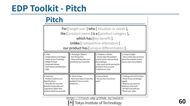 EDP Toolkit - Pitch
60
https://titech-edp.github.io/toolkit
