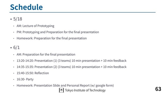 Schedule
• 5/18
• AM: Lecture of Prototyping
• PM: Prototyping and Preparation for the ﬁnal presentation
• Homework: Preparation for the ﬁnal presentation
• 6/1
• AM: Preparation for the ﬁnal presentation
• 13:20-14:20: Presentation (1) (3 teams) 10 min presentation + 10 min feedback
• 14:35-15:35: Presentation (2) (3 teams) 10 min presentation + 10 min feedback
• 15:40-15:50: Reﬂection
• 16:30- Party
• Homework: Presentation Slide and Personal Report (w/ google form)
63
