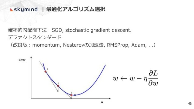 | 最適化アルゴリズム選択
確率的勾配降下法 SGD, stochastic gradient descent.
デファクトスタンダード
（改良版︓momentum, Nesterovの加速法, RMSProp, Adam, ...）
43
