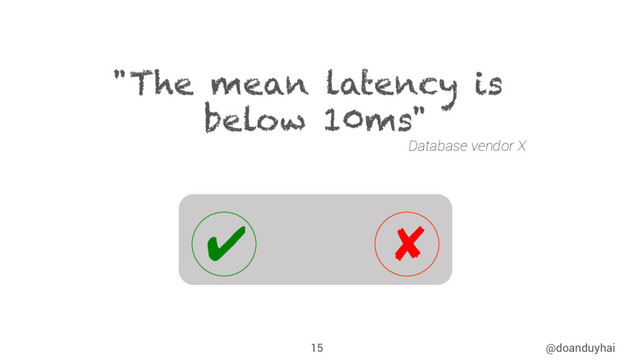 @doanduyhai
15
"The mean latency is
below 10ms"
Database vendor X
✔︎ ✘︎
