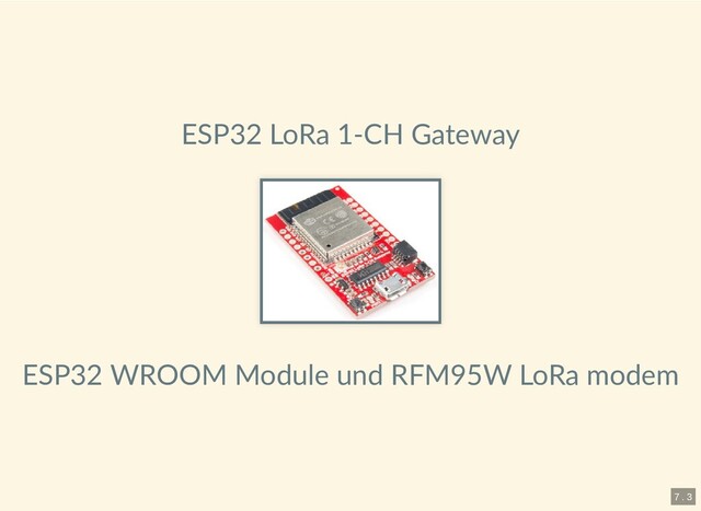 ESP32 LoRa 1-CH Gateway
ESP32 WROOM Module und RFM95W LoRa modem
7 . 3
