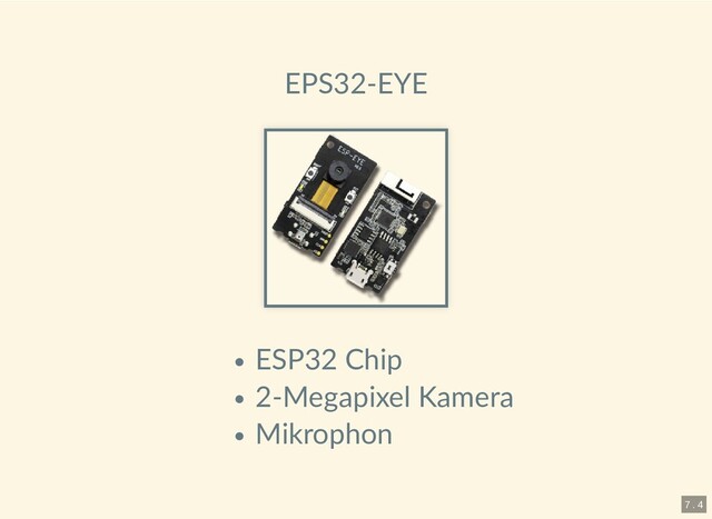EPS32-EYE
ESP32 Chip
2-Megapixel Kamera
Mikrophon
7 . 4
