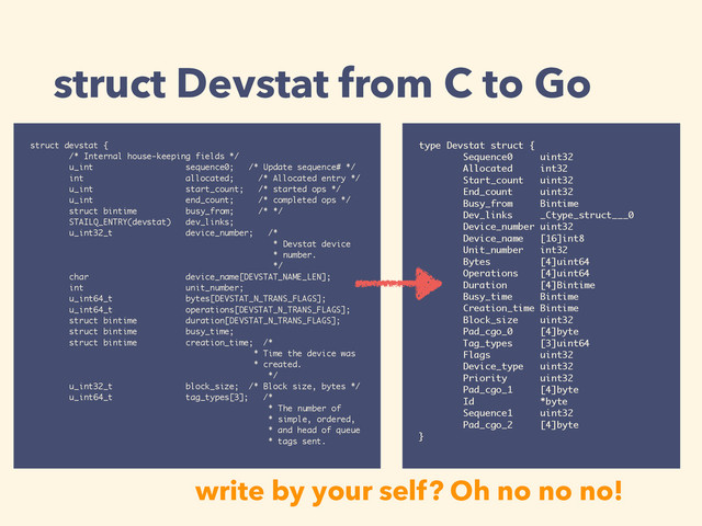 struct Devstat from C to Go
type Devstat struct {
Sequence0 uint32
Allocated int32
Start_count uint32
End_count uint32
Busy_from Bintime
Dev_links _Ctype_struct___0
Device_number uint32
Device_name [16]int8
Unit_number int32
Bytes [4]uint64
Operations [4]uint64
Duration [4]Bintime
Busy_time Bintime
Creation_time Bintime
Block_size uint32
Pad_cgo_0 [4]byte
Tag_types [3]uint64
Flags uint32
Device_type uint32
Priority uint32
Pad_cgo_1 [4]byte
Id *byte
Sequence1 uint32
Pad_cgo_2 [4]byte
}
struct devstat {
/* Internal house-keeping fields */
u_int sequence0; /* Update sequence# */
int allocated; /* Allocated entry */
u_int start_count; /* started ops */
u_int end_count; /* completed ops */
struct bintime busy_from; /* */
STAILQ_ENTRY(devstat) dev_links;
u_int32_t device_number; /*
* Devstat device
* number.
*/
char device_name[DEVSTAT_NAME_LEN];
int unit_number;
u_int64_t bytes[DEVSTAT_N_TRANS_FLAGS];
u_int64_t operations[DEVSTAT_N_TRANS_FLAGS];
struct bintime duration[DEVSTAT_N_TRANS_FLAGS];
struct bintime busy_time;
struct bintime creation_time; /*
* Time the device was
* created.
*/
u_int32_t block_size; /* Block size, bytes */
u_int64_t tag_types[3]; /*
* The number of
* simple, ordered,
* and head of queue
* tags sent.
write by your self? Oh no no no!
