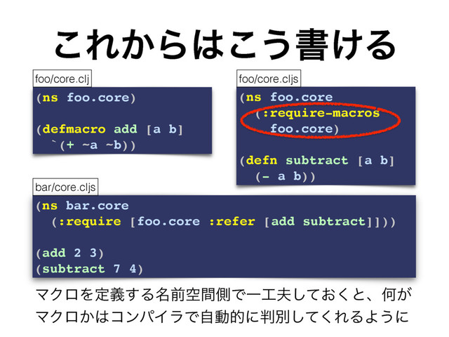 (ns bar.core
(:require [foo.core :refer [add subtract]]))
(add 2 3)
(subtract 7 4)
͜Ε͔Β͸͜͏ॻ͚Δ
ϚΫϩΛఆٛ͢Δ໊લۭؒଆͰҰ޻෉͓ͯ͘͠ͱɺԿ͕
ϚΫϩ͔͸ίϯύΠϥͰࣗಈతʹ൑ผͯ͘͠ΕΔΑ͏ʹ
(ns foo.core)
(defmacro add [a b]
`(+ ~a ~b))
(ns foo.core
(:require-macros
foo.core)
(defn subtract [a b]
(- a b))
foo/core.clj foo/core.cljs
bar/core.cljs

