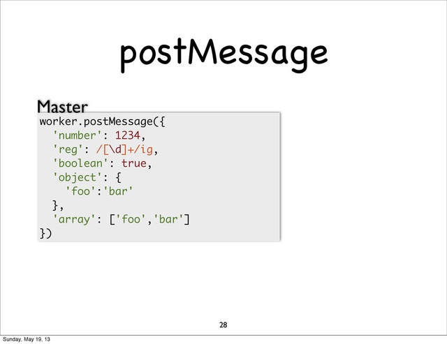 postMessage
28
worker.postMessage({
'number': 1234,
'reg': /[\d]+/ig,
'boolean': true,
'object': {
'foo':'bar'
},
'array': ['foo','bar']
})
Master
Sunday, May 19, 13
