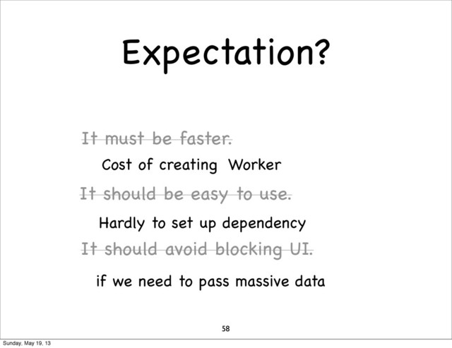 Expectation?
58
It must be faster.
It should be easy to use.
It should avoid blocking UI.
Cost of creating Worker
Hardly to set up dependency
if we need to pass massive data
Sunday, May 19, 13
