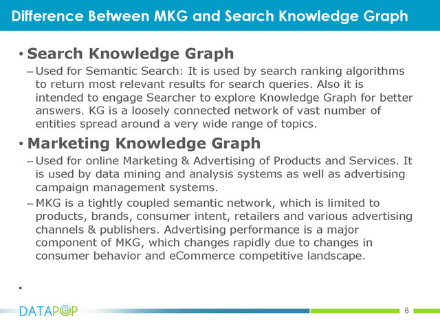 6
• Search Knowledge Graph
– Used for Semantic Search: It is used by search ranking algorithms
to return most relevant results for search queries. Also it is
intended to engage Searcher to explore Knowledge Graph for better
answers. KG is a loosely connected network of vast number of
entities spread around a very wide range of topics.
• Marketing Knowledge Graph
– Used for online Marketing & Advertising of Products and Services. It
is used by data mining and analysis systems as well as advertising
campaign management systems.
– MKG is a tightly coupled semantic network, which is limited to
products, brands, consumer intent, retailers and various advertising
channels & publishers. Advertising performance is a major
component of MKG, which changes rapidly due to changes in
consumer behavior and eCommerce competitive landscape.
• 
Difference Between MKG and Search Knowledge Graph
