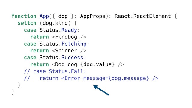 function App({ dog }: AppProps): React.ReactElement {
switch (dog.kind) {
case Status.Ready:
return 
case Status.Fetching:
return 
case Status.Success:
return 
// case Status.Fail:
// return 
}
}
