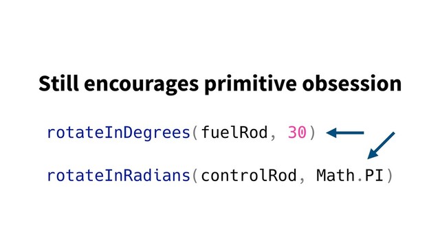 rotateInDegrees(fuelRod, 30)
rotateInRadians(controlRod, Math.PI)
Still encourages primitive obsession
