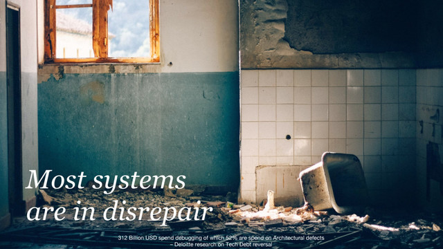 @martincronje
Most systems
are in disrepair
312 Billion USD spend debugging of which 52% are spend on Architectural defects
– Deloitte research on Tech Debt reversal
