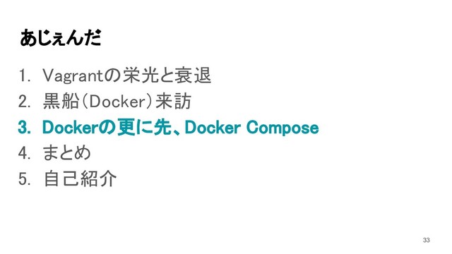 あじぇんだ 
1. Vagrantの栄光と衰退 
2. 黒船（Docker）来訪 
3. Dockerの更に先、Docker Compose 
4. まとめ 
5. 自己紹介 
33
