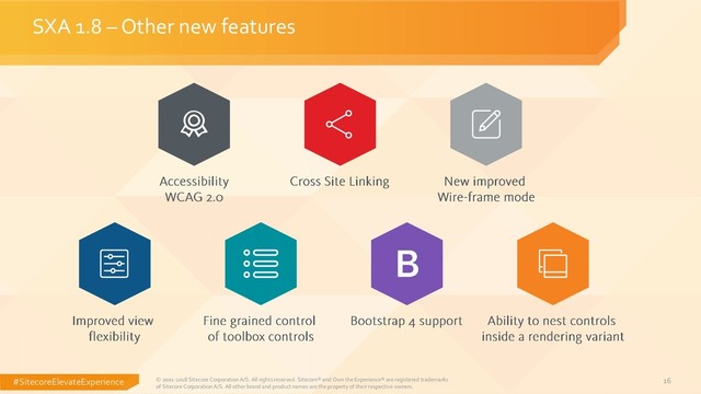 #SitecoreElevateExperience 16
SXA 1.8 – Other new features
© 2001-2018 Sitecore Corporation A/S. All rights reserved. Sitecore® and Own the Experience® are registered trademarks
of Sitecore Corporation A/S. All other brand and product names are the property of their respective owners.
