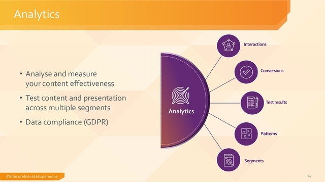 #SitecoreElevateExperience 24
Analytics
• Analyse and measure
your content effectiveness
• Test content and presentation
across multiple segments
• Data compliance (GDPR)

