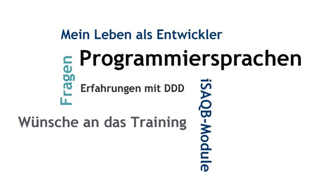 Programmiersprachen
Fragen
Mein Leben als Entwickler
Erfahrungen mit DDD
Wünsche an das Training
iSAQB-Module
