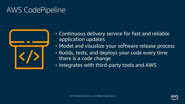 © 2019, Amazon Web Services, Inc. or its affiliates. All rights reserved.
AWS CodePipeline
• Continuous delivery service for fast and reliable
application updates
• Model and visualize your software release process
• Builds, tests, and deploys your code every time
there is a code change
• Integrates with third-party tools and AWS
