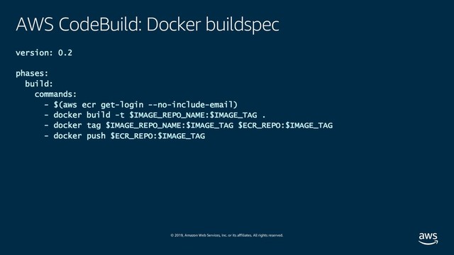 © 2019, Amazon Web Services, Inc. or its affiliates. All rights reserved.
AWS CodeBuild: Docker buildspec
version: 0.2
phases:
build:
commands:
- $(aws ecr get-login --no-include-email)
- docker build -t $IMAGE_REPO_NAME:$IMAGE_TAG .
- docker tag $IMAGE_REPO_NAME:$IMAGE_TAG $ECR_REPO:$IMAGE_TAG
- docker push $ECR_REPO:$IMAGE_TAG
