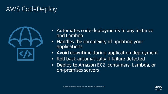 © 2019, Amazon Web Services, Inc. or its affiliates. All rights reserved.
AWS CodeDeploy
• Automates code deployments to any instance
and Lambda
• Handles the complexity of updating your
applications
• Avoid downtime during application deployment
• Roll back automatically if failure detected
• Deploy to Amazon EC2, containers, Lambda, or
on-premises servers
