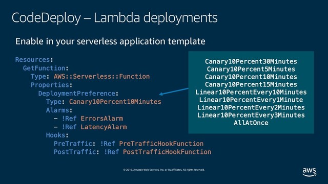 © 2019, Amazon Web Services, Inc. or its affiliates. All rights reserved.
CodeDeploy – Lambda deployments
Enable in your serverless application template
Resources:
GetFunction:
Type: AWS::Serverless::Function
Properties:
DeploymentPreference:
Type: Canary10Percent10Minutes
Alarms:
- !Ref ErrorsAlarm
- !Ref LatencyAlarm
Hooks:
PreTraffic: !Ref PreTrafficHookFunction
PostTraffic: !Ref PostTrafficHookFunction
Canary10Percent30Minutes
Canary10Percent5Minutes
Canary10Percent10Minutes
Canary10Percent15Minutes
Linear10PercentEvery10Minutes
Linear10PercentEvery1Minute
Linear10PercentEvery2Minutes
Linear10PercentEvery3Minutes
AllAtOnce
