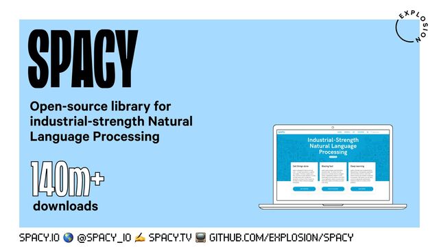 SPACY
SPACY.IO & @SPACY_IO ✍ SPACY.TV / GITHUB.COM/EXPLOSION/SPACY
Open-source library for
industrial-strength Natural
Language Processing
140m+
downloads
