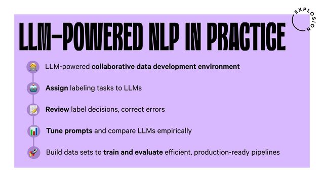 LLM-POWERED NLP IN PRACTICE
LLM-powered collaborative data development environment
7
Assign labeling tasks to LLMs
"
Review label decisions, correct errors
;
Tune prompts and compare LLMs empirically
6
Build data sets to train and evaluate e icient, production-ready pipelines
+
