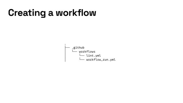 Creating a workflow
.


├── .github


│ └── workflows


│ └── lint.yml


│ └── workflow_run.yml
