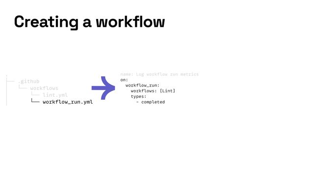 name: Log workflow run metrics


on:


workflow_run:


workflows: [Lint]


types:


- completed
Creating a workflow
.


├── .github


│ └── workflows


│ └── lint.yml


│ └── workflow_run.yml
