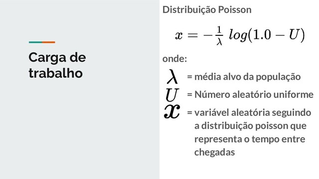 Distribuição Poisson
onde:
= média alvo da população
= Número aleatório uniforme
= variável aleatória seguindo
a distribuição poisson que
representa o tempo entre
chegadas
Carga de
trabalho
