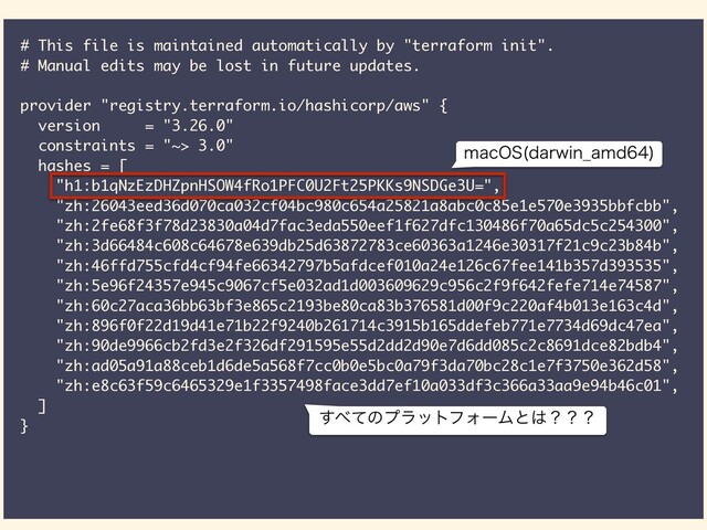 # This file is maintained automatically by "terraform init".
# Manual edits may be lost in future updates.
provider "registry.terraform.io/hashicorp/aws" {
version = "3.26.0"
constraints = "~> 3.0"
hashes = [
"h1:b1qNzEzDHZpnHSOW4fRo1PFC0U2Ft25PKKs9NSDGe3U=",
"zh:26043eed36d070ca032cf04bc980c654a25821a8abc0c85e1e570e3935bbfcbb",
"zh:2fe68f3f78d23830a04d7fac3eda550eef1f627dfc130486f70a65dc5c254300",
"zh:3d66484c608c64678e639db25d63872783ce60363a1246e30317f21c9c23b84b",
"zh:46ffd755cfd4cf94fe66342797b5afdcef010a24e126c67fee141b357d393535",
"zh:5e96f24357e945c9067cf5e032ad1d003609629c956c2f9f642fefe714e74587",
"zh:60c27aca36bb63bf3e865c2193be80ca83b376581d00f9c220af4b013e163c4d",
"zh:896f0f22d19d41e71b22f9240b261714c3915b165ddefeb771e7734d69dc47ea",
"zh:90de9966cb2fd3e2f326df291595e55d2dd2d90e7d6dd085c2c8691dce82bdb4",
"zh:ad05a91a88ceb1d6de5a568f7cc0b0e5bc0a79f3da70bc28c1e7f3750e362d58",
"zh:e8c63f59c6465329e1f3357498face3dd7ef10a033df3c366a33aa9e94b46c01",
]
}
NBD04 EBSXJO@BNE

͢΂ͯͷϓϥοτϑΥʔϜͱ͸ʁʁʁ
