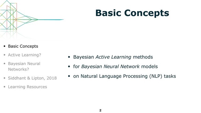 Basic Concepts
• Bayesian Active Learning methods
• for Bayesian Neural Network models
• on Natural Language Processing (NLP) tasks
2
• Basic Concepts
• Active Learning?
• Bayesian Neural
Networks?
• Siddhant & Lipton, 2018
• Learning Resources
