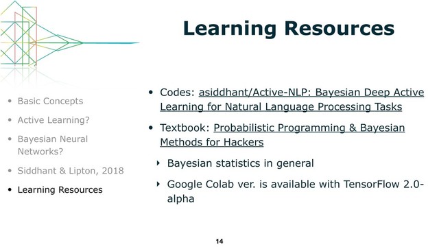 Learning Resources
• Codes: asiddhant/Active-NLP: Bayesian Deep Active
Learning for Natural Language Processing Tasks
• Textbook: Probabilistic Programming & Bayesian
Methods for Hackers
‣ Bayesian statistics in general
‣ Google Colab ver. is available with TensorFlow 2.0-
alpha
14
• Basic Concepts
• Active Learning?
• Bayesian Neural
Networks?
• Siddhant & Lipton, 2018
• Learning Resources
