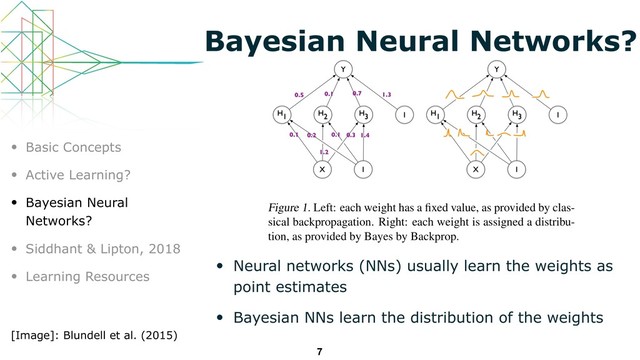 Bayesian Neural Networks?
• Neural networks (NNs) usually learn the weights as
point estimates
• Bayesian NNs learn the distribution of the weights
7
• Basic Concepts
• Active Learning?
• Bayesian Neural
Networks?
• Siddhant & Lipton, 2018
• Learning Resources
[Image]: Blundell et al. (2015)
