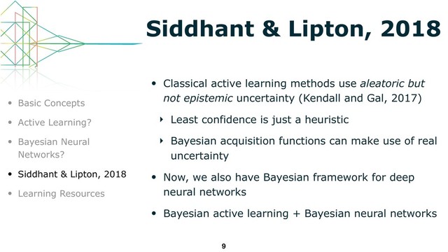 Siddhant & Lipton, 2018
• Classical active learning methods use aleatoric but
not epistemic uncertainty (Kendall and Gal, 2017)
‣ Least confidence is just a heuristic
‣ Bayesian acquisition functions can make use of real
uncertainty
• Now, we also have Bayesian framework for deep
neural networks
• Bayesian active learning + Bayesian neural networks
9
• Basic Concepts
• Active Learning?
• Bayesian Neural
Networks?
• Siddhant & Lipton, 2018
• Learning Resources
