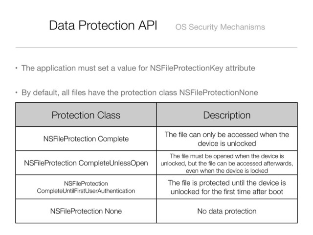 Data Protection API OS Security Mechanisms
• The application must set a value for NSFileProtectionKey attribute
• By default, all ﬁles have the protection class NSFileProtectionNone
Protection Class Description
NSFileProtection Complete
The ﬁle can only be accessed when the
device is unlocked
NSFileProtection CompleteUnlessOpen
The ﬁle must be opened when the device is
unlocked, but the ﬁle can be accessed afterwards,
even when the device is locked
NSFileProtection
CompleteUntilFirstUserAuthentication
The ﬁle is protected until the device is
unlocked for the ﬁrst time after boot
NSFileProtection None No data protection
