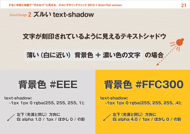 21
少ない手間と知識で“それなり”
に見せる、ズルいデザインテクニック 2013 + Semi-Flat version
文字が刻印されているように見えるテキストシャドウ
背景色 #EEE 背景色 #FFC300
text-shadow:
-1px 1px 0 rgba(255, 255, 255, 1);
text-shadow:
-1px 1px 0 rgba(255, 255, 255, .4);
左下
（光源と同じ）方向に
白 alpha 1.0 / 1px / ぼかし 0 / の影
左下
（光源と同じ）方向に
白 alpha 4.0 / 1px / ぼかし 0 / の影
薄い
（白に近い）背景色 + 濃い色の文字 の場合
Zurui Design 2 ズルい text-shadow
