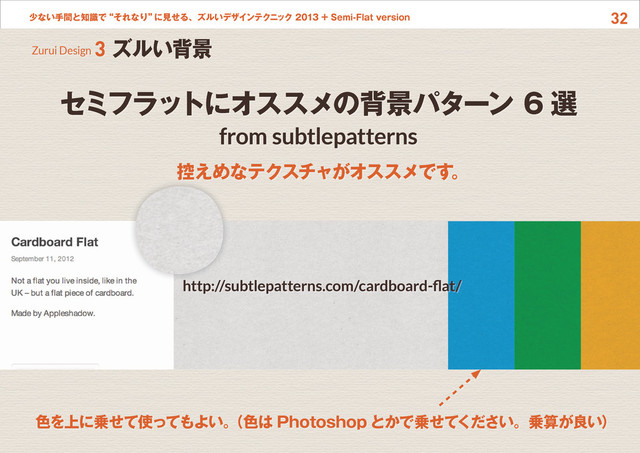 32
少ない手間と知識で“それなり”
に見せる、ズルいデザインテクニック 2013 + Semi-Flat version
セミフラッ
トにオススメの背景パターン 6 選
from subtlepatterns
控えめなテクスチャがオススメです。
Zurui Design 3 ズルい背景
http://subtlepatterns.com/cardboard-flat/
色を上に乗せて使ってもよい。
（色は Photoshop とかで乗せてください。乗算が良い）

