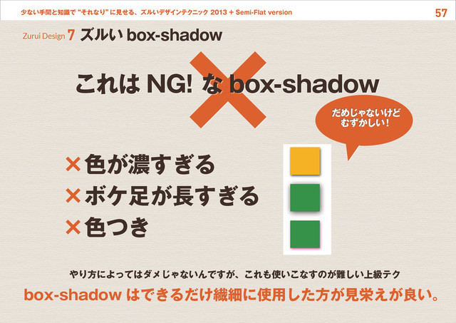 57
少ない手間と知識で“それなり”
に見せる、ズルいデザインテクニック 2013 + Semi-Flat version
×
×色が濃すぎる
×ボケ足が長すぎる
×色つき
これは NG! な box-shadow
だめじゃないけど
むずかしい
！
やり方によってはダメじゃないんですが、これも使いこなすのが難しい上級テク
box-shadow はできるだけ繊細に使用した方が見栄えが良い。
Zurui Design 7 ズルい box-shadow

