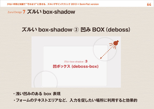 64
少ない手間と知識で“それなり”
に見せる、ズルいデザインテクニック 2013 + Semi-Flat version
ズルい box-shadow ③ 凹み BOX
（deboss）
Zurui Design 7 ズルい box-shadow
・浅い凹みのある box 表現
・フォームのテキストエリアなど、入力を促したい場所に利用すると効果的
