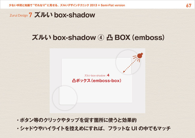 67
少ない手間と知識で“それなり”
に見せる、ズルいデザインテクニック 2013 + Semi-Flat version
ズルい box-shadow ④ 凸 BOX
（emboss）
Zurui Design 7 ズルい box-shadow
・ボタン等のクリックやタップを促す箇所に使うと効果的
・シャドウやハイライトを控えめにすれば、フラットな UI の中でもマッチ

