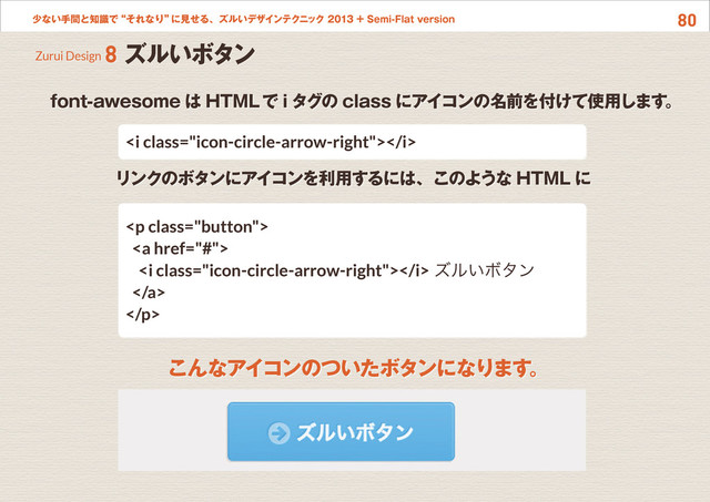 80
少ない手間と知識で“それなり”
に見せる、ズルいデザインテクニック 2013 + Semi-Flat version
Zurui Design 8 ズルいボタン
　font-awesome は HTMLで i タグの class にアイコンの名前を付けて使用します。
リンクのボタンにアイコンを利用するには、このような HTML に
こんなアイコンのついたボタンになります。
<i class="icon-circle-arrow-right"></i>
<p class="button">
<a href="#">
<i class="icon-circle-arrow-right"></i> ズルいボタン
</a>
</p>
