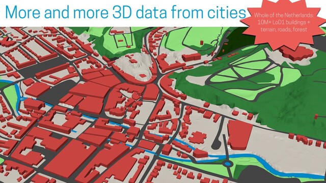 8
Whole of the Netherlands:
10M+ LoD1 buildings +
terrain, roads, forest
More and more 3D data from cities
