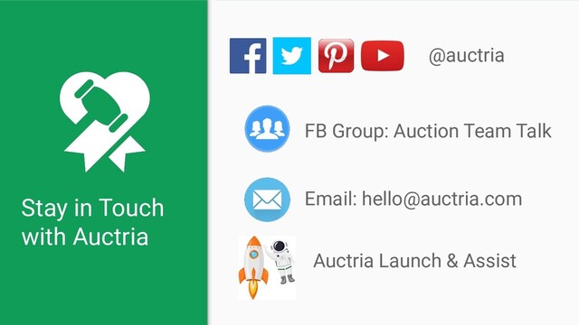 Stay in Touch
with Auctria
@auctria
Email: hello@auctria.com
FB Group: Auction Team Talk
Auctria Launch & Assist

