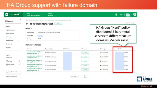 #ossummit
HA Group support with failure domain
HA Group “Hard” policy
distributed 5 baremetal
servers to different failure
domains(=Server racks)
Hard
