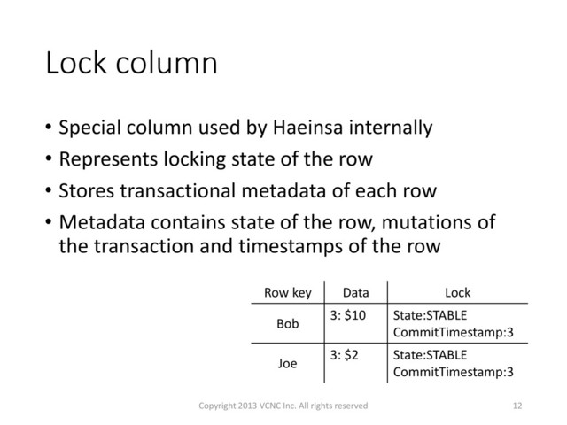 Lock column
• Special column used by Haeinsa internally
• Represents locking state of the row
• Stores transactional metadata of each row
• Metadata contains state of the row, mutations of
the transaction and timestamps of the row
Row key Data Lock
Bob
3: $10 State:STABLE
CommitTimestamp:3
Joe
3: $2 State:STABLE
CommitTimestamp:3
12
Copyright 2013 VCNC Inc. All rights reserved
