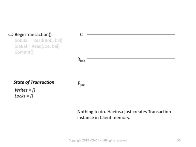 50
Nothing to do. Haeinsa just creates Transaction
instance in Client memory.
Rbob
Rjoe
C
BeginTransaction()
bobBal = Read(Bob, bal)
joeBal = Read(Joe, bal)
Commit()
State of Transaction
Writes = []
Locks = {}
Copyright 2013 VCNC Inc. All rights reserved
