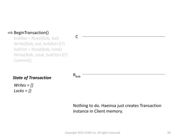 58
Nothing to do. Haeinsa just creates Transaction
instance in Client memory.
BeginTransaction()
bobBal = Read(Bob, bal)
Write(Bob, bal, bobBal+$7)
bobTot = Read(Bob, total)
Write(Bob, total, bobTot+$7)
Commit()
State of Transaction
Writes = []
Locks = {}
Rbob
C
Copyright 2013 VCNC Inc. All rights reserved
