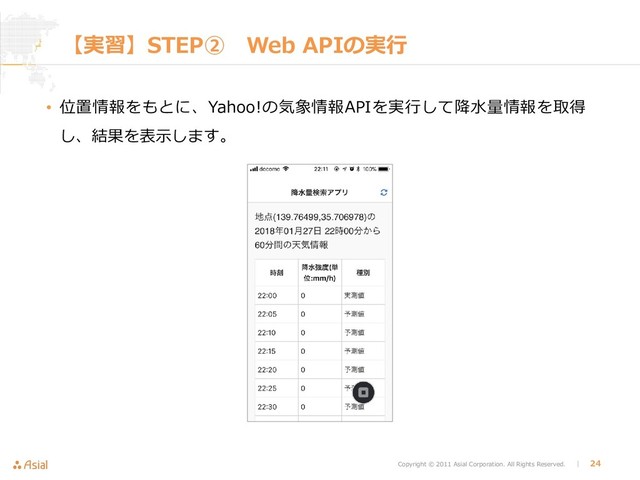 Copyright © 2011 Asial Corporation. All Rights Reserved. │ 24
【実習】STEP➁ Web APIの実行
• 位置情報をもとに、Yahoo!の気象情報APIを実行して降水量情報を取得
し、結果を表示します。
