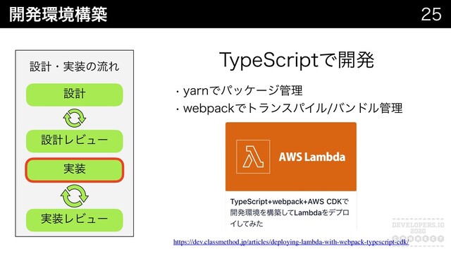 ։ൃ؀ڥߏங 
ઃܭɾ࣮૷ͷྲྀΕ
ઃܭ
ઃܭϨϏϡʔ
࣮૷
࣮૷ϨϏϡʔ
5ZQF4DSJQUͰ։ൃ
w ZBSOͰύοέʔδ؅ཧ
w XFCQBDLͰτϥϯεύΠϧόϯυϧ؅ཧ
https://dev.classmethod.jp/articles/deploying-lambda-with-webpack-typescript-cdk/
