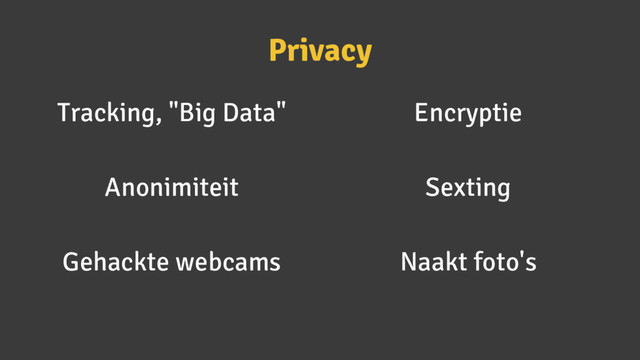 Privacy
Tracking, "Big Data"
Anonimiteit
Gehackte webcams
Encryptie
Sexting
Naakt foto's
