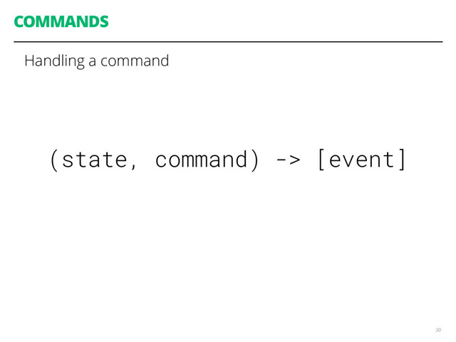 COMMANDS
30
(state, command) -> [event]
Handling a command
